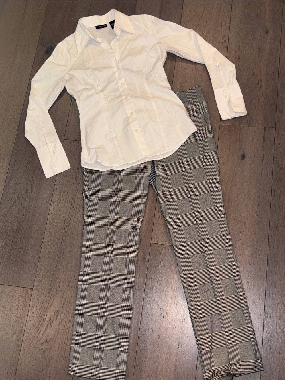 New York & Company White Shirt with Gray Plaid Trousers